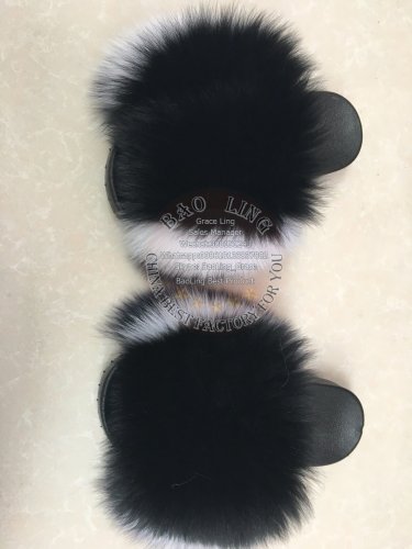 BLFBBW Black White Fox Fur Slides Slippers