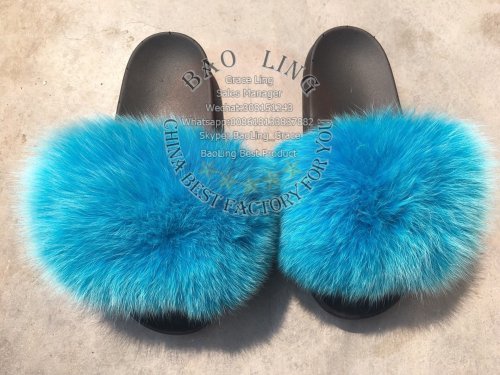 BLFBT Teal Biggest Fox Fur Slides Slippers