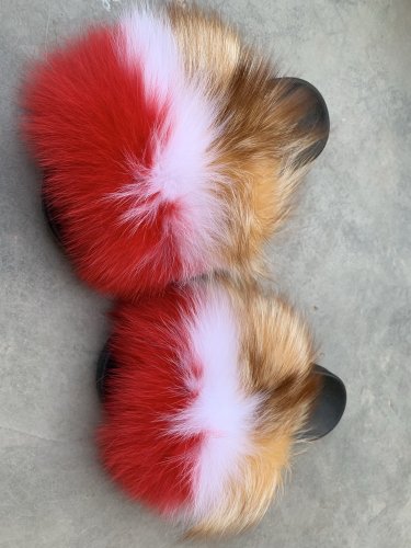 BLTFRW Red White Red Fox Fur Slides Slippers