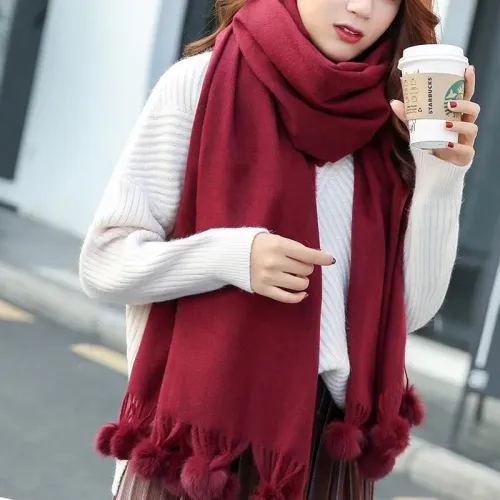 BLFS Faux Cashmere Rabbit Fur Pompom Scarf
