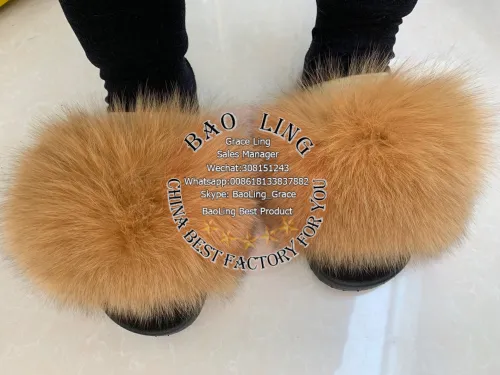BLFBB Brown Camel Khaki Biggest Fox Fur Slides
