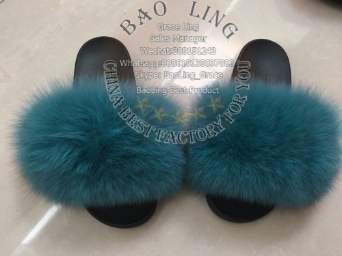 BLFSCT Teal Solid Nude Color Fox Fur Slippers