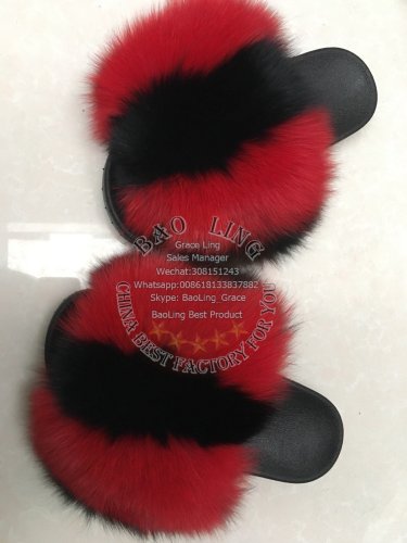 BLFBRB Biggest Splat Red Black Fox Fur Slides