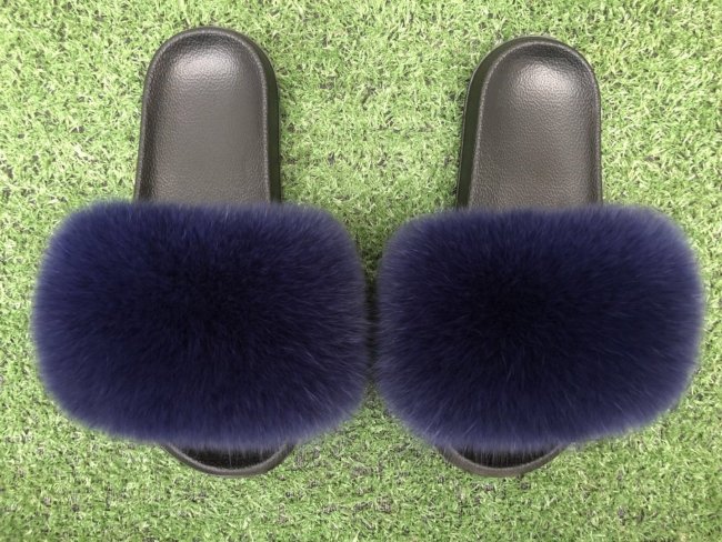 BLFDB Fashion New Design Dark Blue Fox Fur Slippers Slides