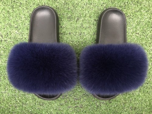 BLFDB Fashion New Design Dark Blue Fox Fur Slippers Slides