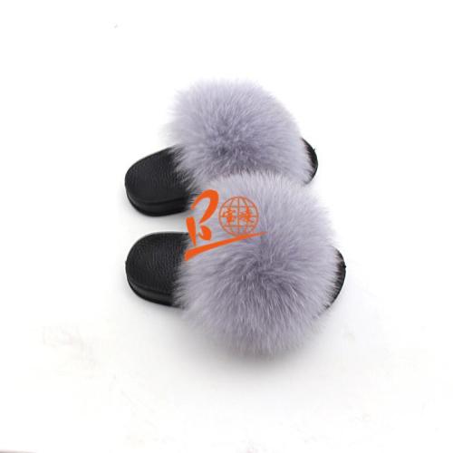 BLK15 Light Grey or Customized Color Black Sole Kids Fox Fur Slippers