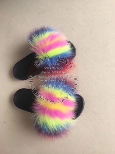 BLFRC08 Rainbow Colorful Splat Fox Fur Slippers