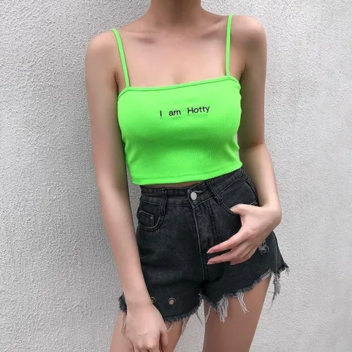 Top4 Embroidey Crop Top Fluorescent Green Women Short