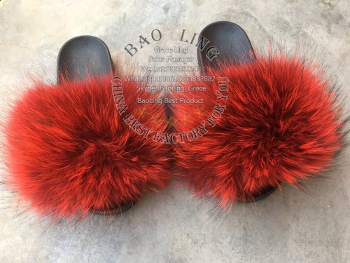 BLRR Red Raccoon Fur Slippers Slides