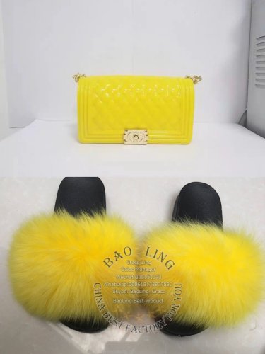 BLSB35 One set Yellow Fur Slides Slippers Purse Handbags