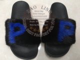 BLM Customized Letter Blue P Mink Certified Fur Slippers