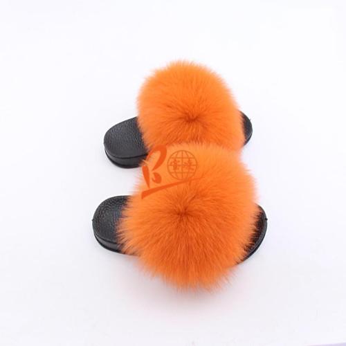 BLK13 Orange or Customized Color Black Sole Kids Fox Fur Slippers