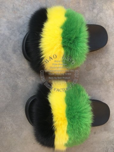 BLFBBYG Biggest Black Yellow Green Fox Fur Slides Slippers