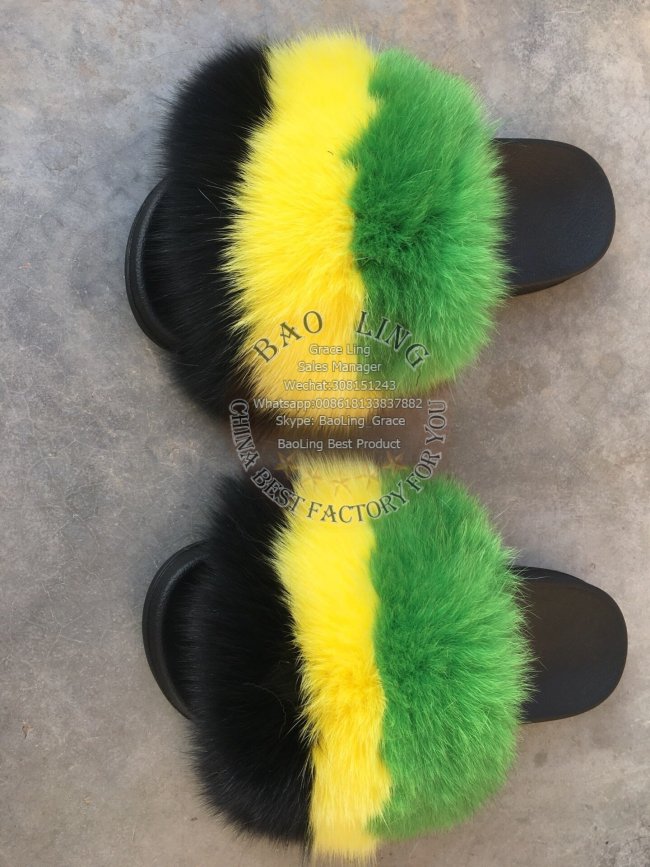 BLFBBYG Biggest Black Yellow Green Fox Fur Slides Slippers