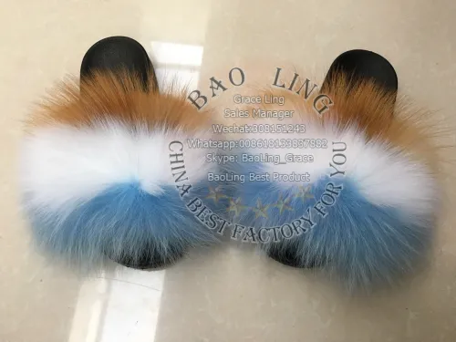 BLFBRFWHB Biggest Red Fox White Heaven Blue Fox Fur Slides