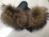 BLRB01 Biggest Natural Black Sole Raccoon Fur Slippers
