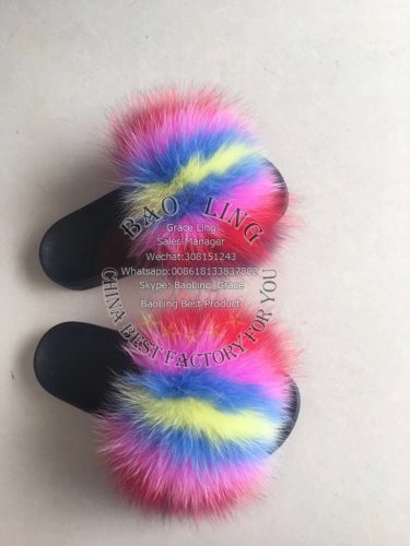 BLFRC07 Rainbow Colorful Splat Fox Fur Slippers