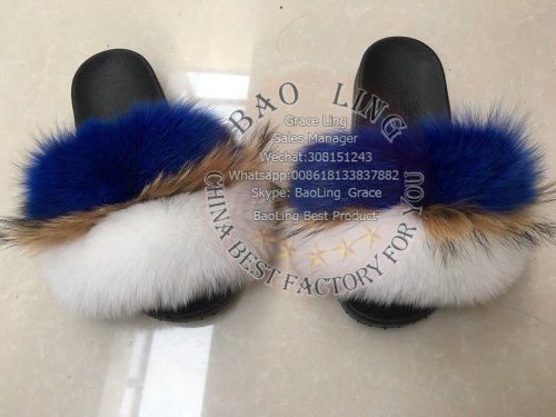 BLRBWB Biggest White Blue Fox Raccoon Fur Slippers