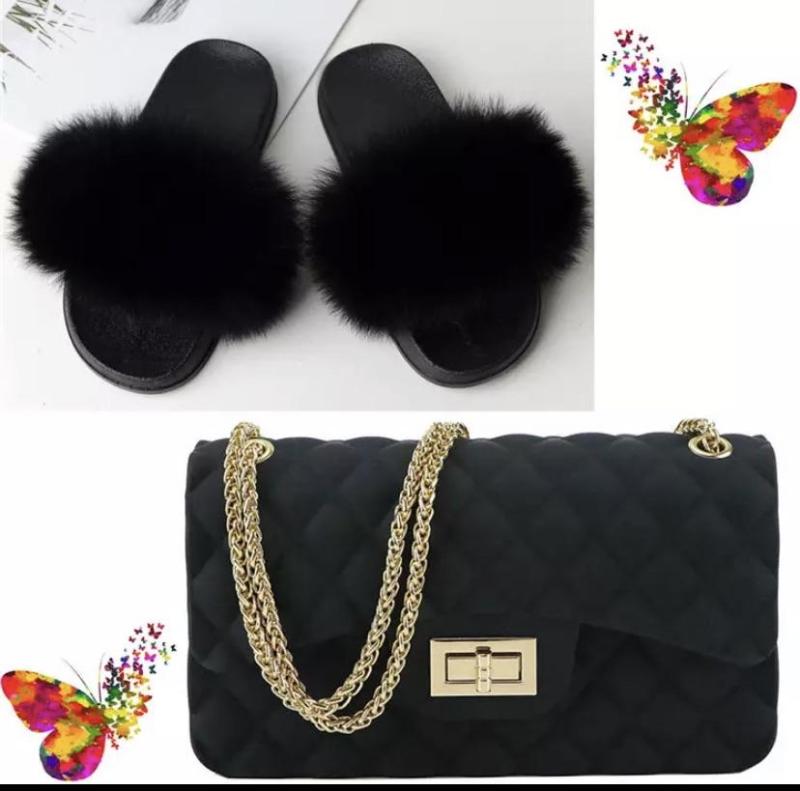 BLSB010 Fox Fur Slides Slippers with handbag Purse One Set