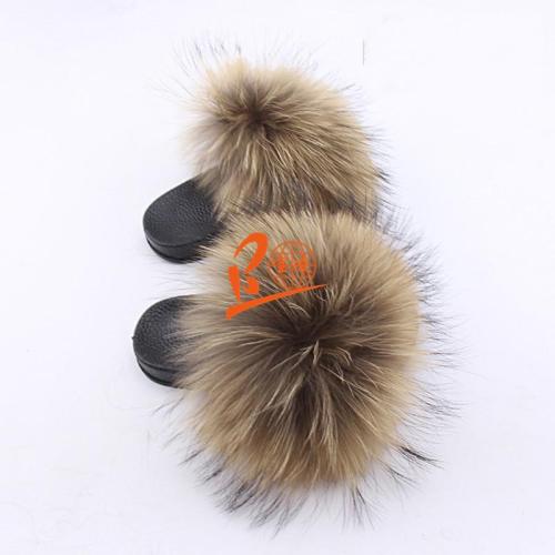 BLK18 Natural Raccoon or Customized Color Black Sole Kids Fox Fur Slippers