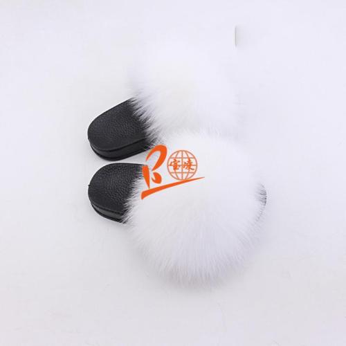 BLK08 White or Customized Color Black Sole Kids Fox Fur Slippers