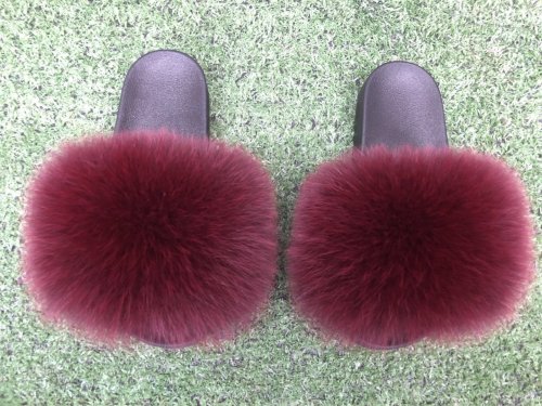 BLFWR Fashion New Design Wine Red Fox Fur Slippers Slides