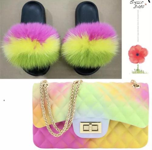 BLSB003 Fox Fur Slides Slippers with handbag Purse One Set
