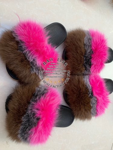 BLFBBBHP Biggest Brown Black Hot Pink Fox Fur Slides