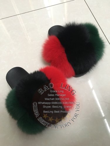 BLFPBGR Black Green Red Fur Ball Pompom Fox Fur Slippers