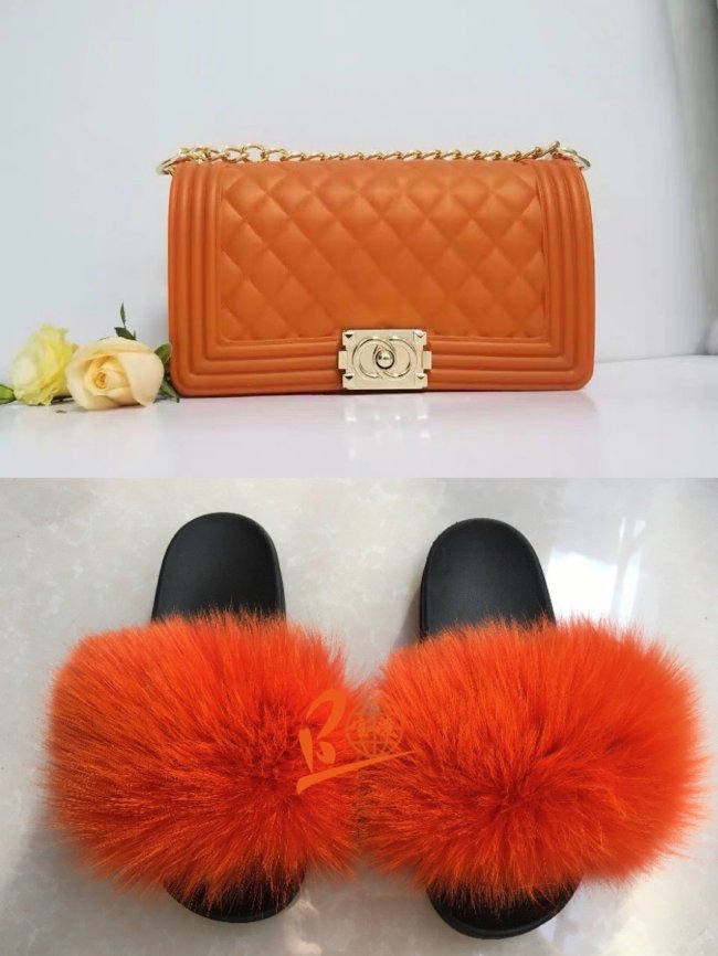 BLSB34 One set Orange Fur Slides Slippers Purse Handbags