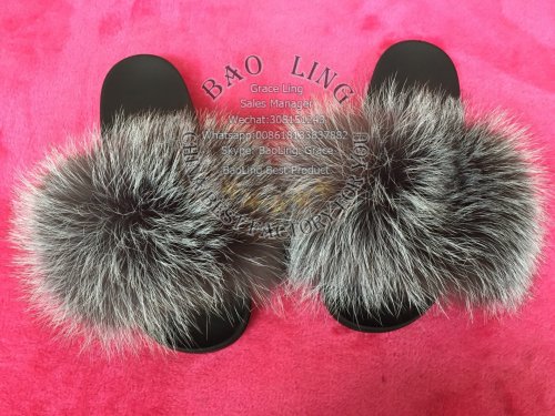 BLFBS Natural Silver Fox Biggest Fox Fur Slides Slippers