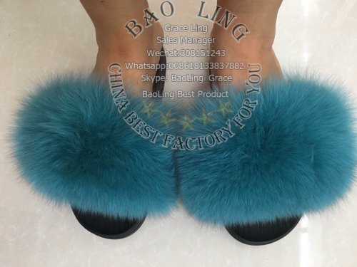 BLFSCT Teal Solid Nude Color Fox Fur Slippers