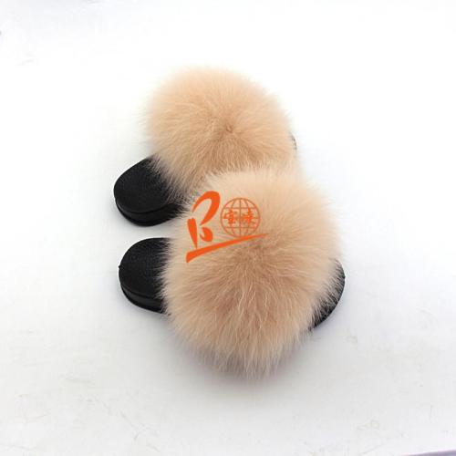 BLK14 Peach Color or Customized Color Black Sole Kids Fox Fur Slippers