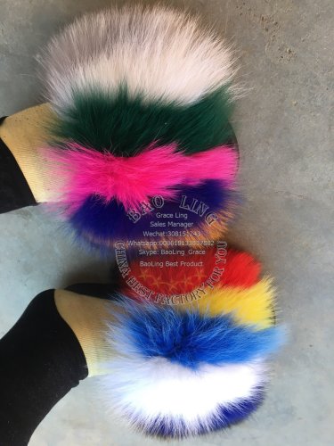 BLFBR Biggest Rainbow Colorful Fox Fur Slippers Slides
