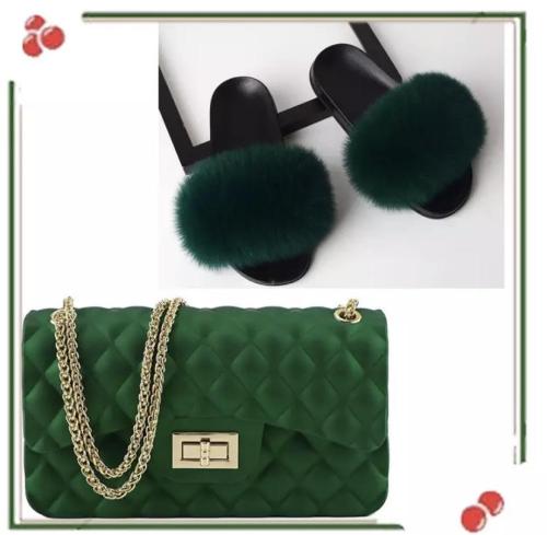 BLSB006 Fox Fur Slides Slippers with handbag Purse One Set