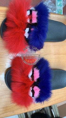 BLFM20 Red Blue Monster Fox Fur Slides