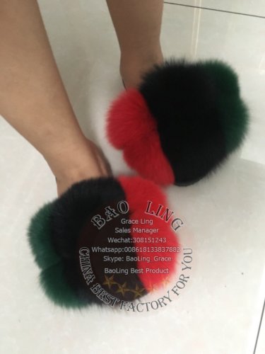 BLFPBGR Black Green Red Fur Ball Pompom Fox Fur Slippers