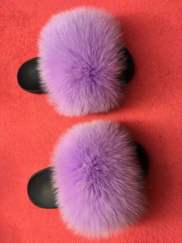BLK04 Light Purple or Customized Color Black Sole Kids Fox Fur Slippers