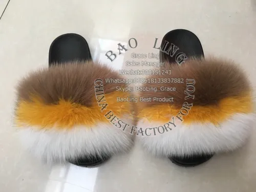BLFBRFWHB Biggest Red Fox White Heaven Blue Fox Fur Slides