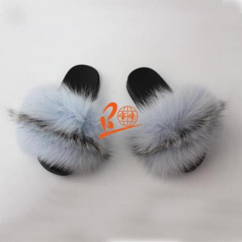 BLFRLB Light Blue Fox Raccoon Fur Slippers