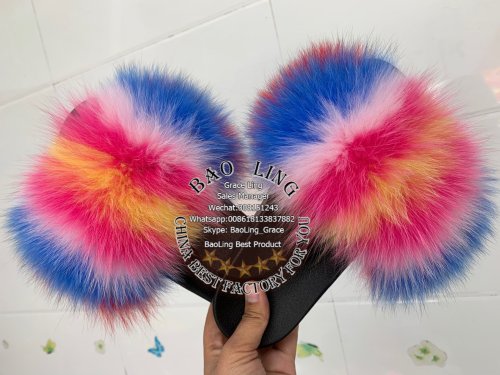 BLFNC Normal Fur Colorful Rainbow Fox Fur Slippers Slides