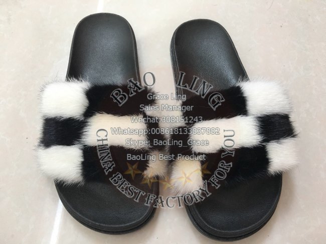 BLMBW Black White Mink Fur Slippers