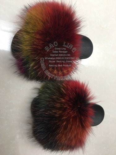 BLRC Rainbow Multiple Color Splat Colorful Raccoon Fur Slippers