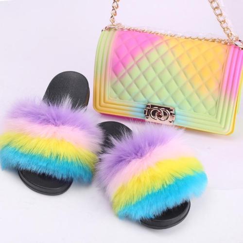BLSB01 Faux Fur Slides Slippers with handbag Purse One Set