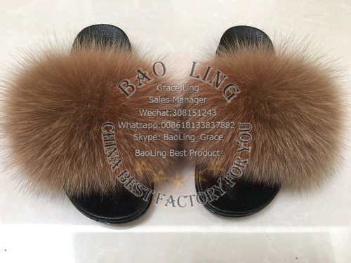 BLFSCB Brown Solid Color Fox Fur Slippers