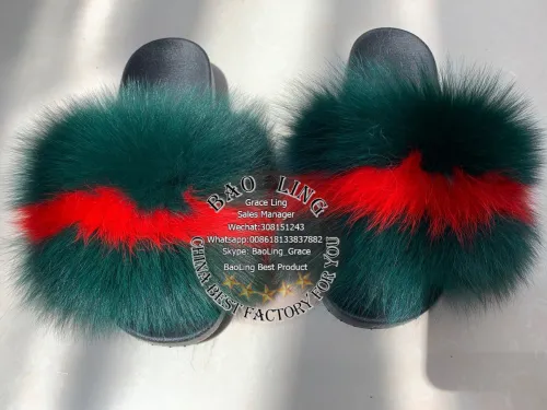 BLFNGE Normal Fur Green Red Fox Fur Slippers Slides