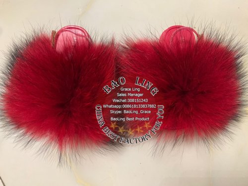 BLTRR Red Raccoon Fur Slides Slippers