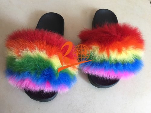 BLFRC01 Rainbow Colorful Fox Fur Slippers