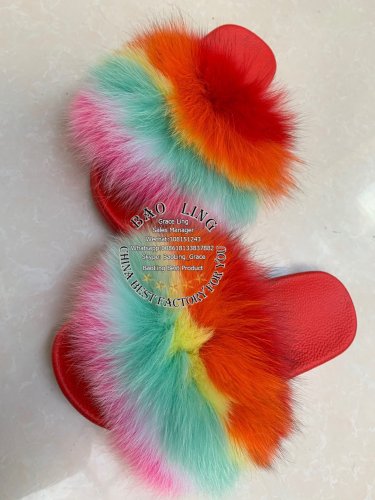 BLFC Colorful Horizontal Rainbow Fox Fur Slippers Red Slides