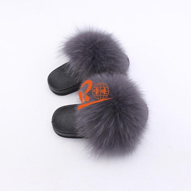 BLK16 Dark Grey or Customized Color Black Sole Kids Fox Fur Slippers